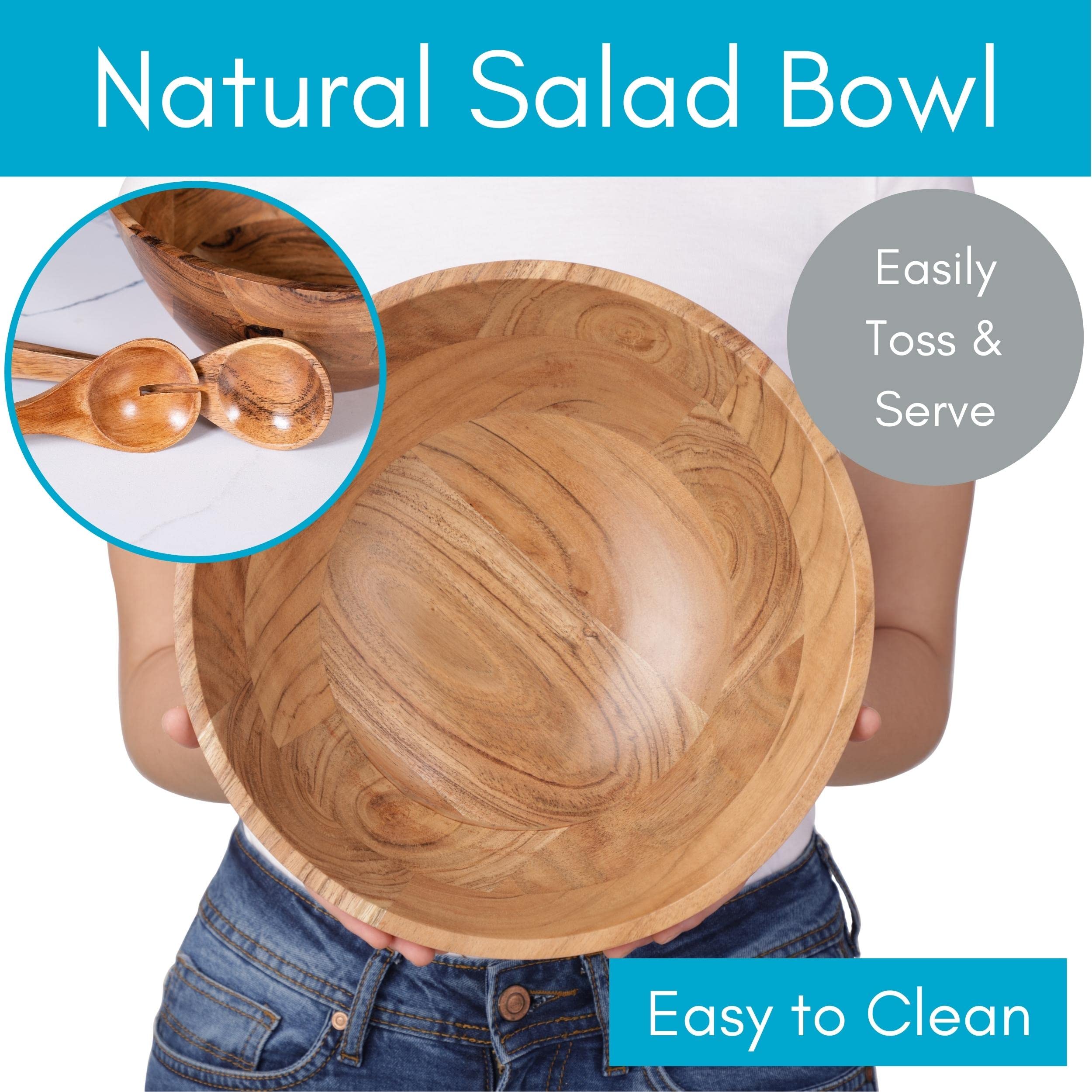 BIRDROCK HOME 3 Piece Wooden Salad Serving Bowl and Utensils | Acacia Wood Server Set | Salad, Fruit or Side Hands | Large