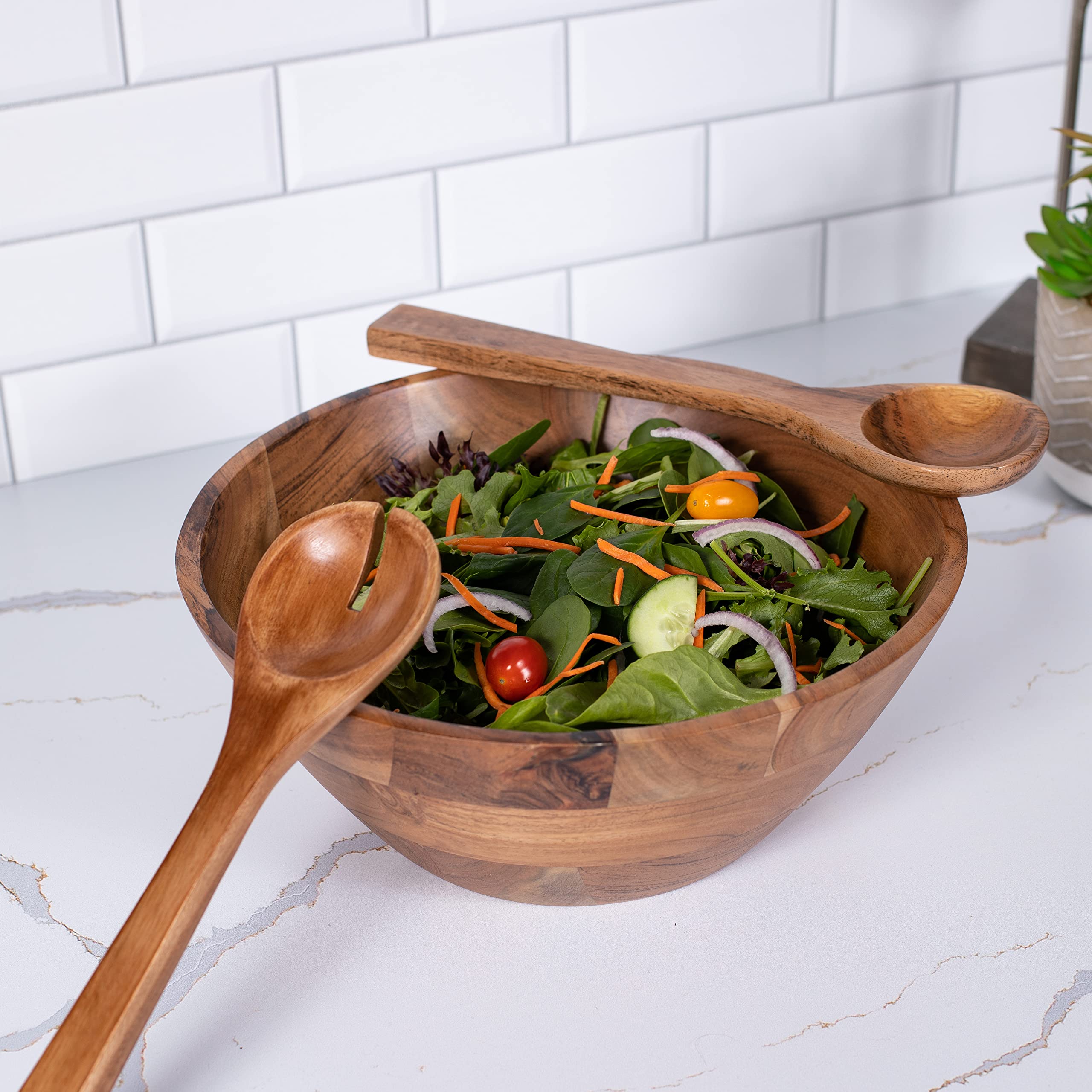 BIRDROCK HOME 3 Piece Wooden Salad Serving Bowl and Utensils | Acacia Wood Server Set | Salad, Fruit or Side Hands | Large