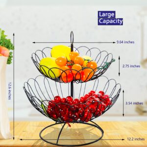 2 Tier Kitchen Countertop Fruit Basket Bowl for Bread Vegetables Snack Storage, Removable Organizer Shelf Storage Rack, Modern Design Tiered Fruit Holder Stand，for Gifts Home Party（black）