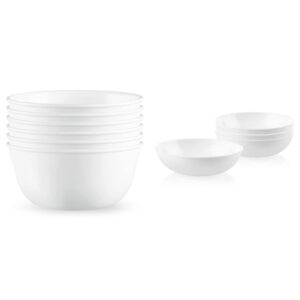 corelle vitrelle 28-oz soup/cereal bowls set of 6, winter frost white & 4-pc meal bowls set, service for 4, durable and eco-friendly 9-1/4-inch bowls, compact stack bowl set, white
