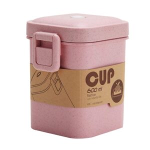 yardwe microwave breakfast cup sealed insulated food jar: microwave soup mug with lid 600ml pink square wheat straw cereal cup with cover spill proof soup travel container