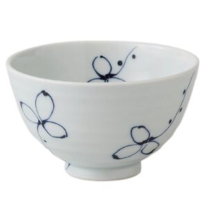 saikai pottery arita ware rice bowl, medium, unique flowers, blue, made in japan
