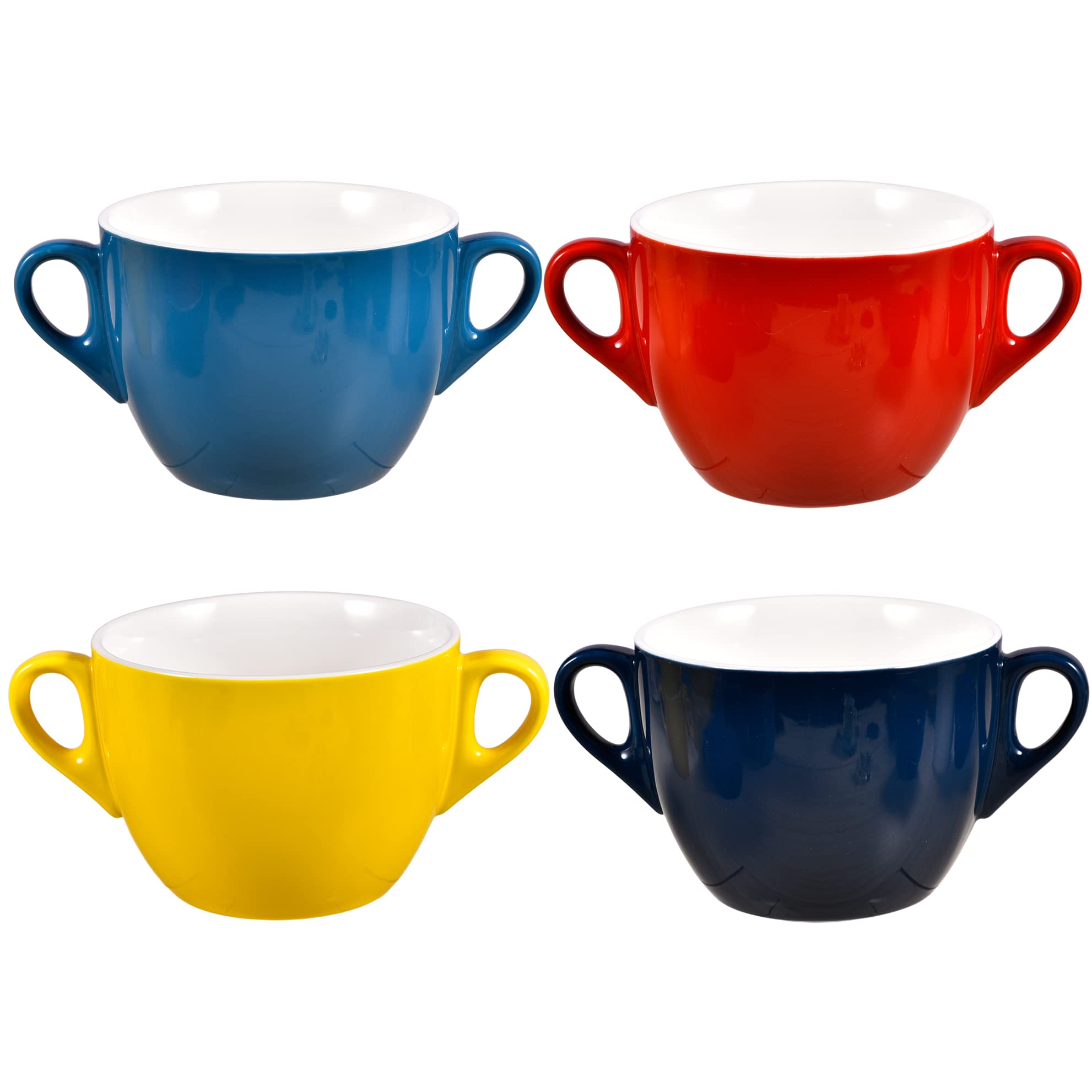 Multicolor 4 Pack Soup Bowl with Double Handles, Ceramic Cereal Bowl Set for Modern Kitchen, Large Mugs, Color Glazed Serving Crocks, Versatile for Daily Use