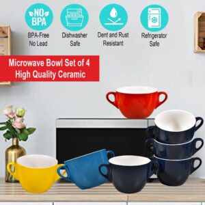 Multicolor 4 Pack Soup Bowl with Double Handles, Ceramic Cereal Bowl Set for Modern Kitchen, Large Mugs, Color Glazed Serving Crocks, Versatile for Daily Use