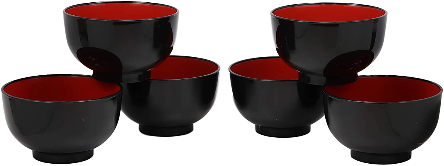 Ebros Gift Made In Japan Traditional Black Red Lacquer Copolymer Plastic Small Bowl 16oz Set of 10 For Salads Greens Rice Cold Cuts 5.5"Dia Japanese Restaurant Supply Bowls Home Kitchen