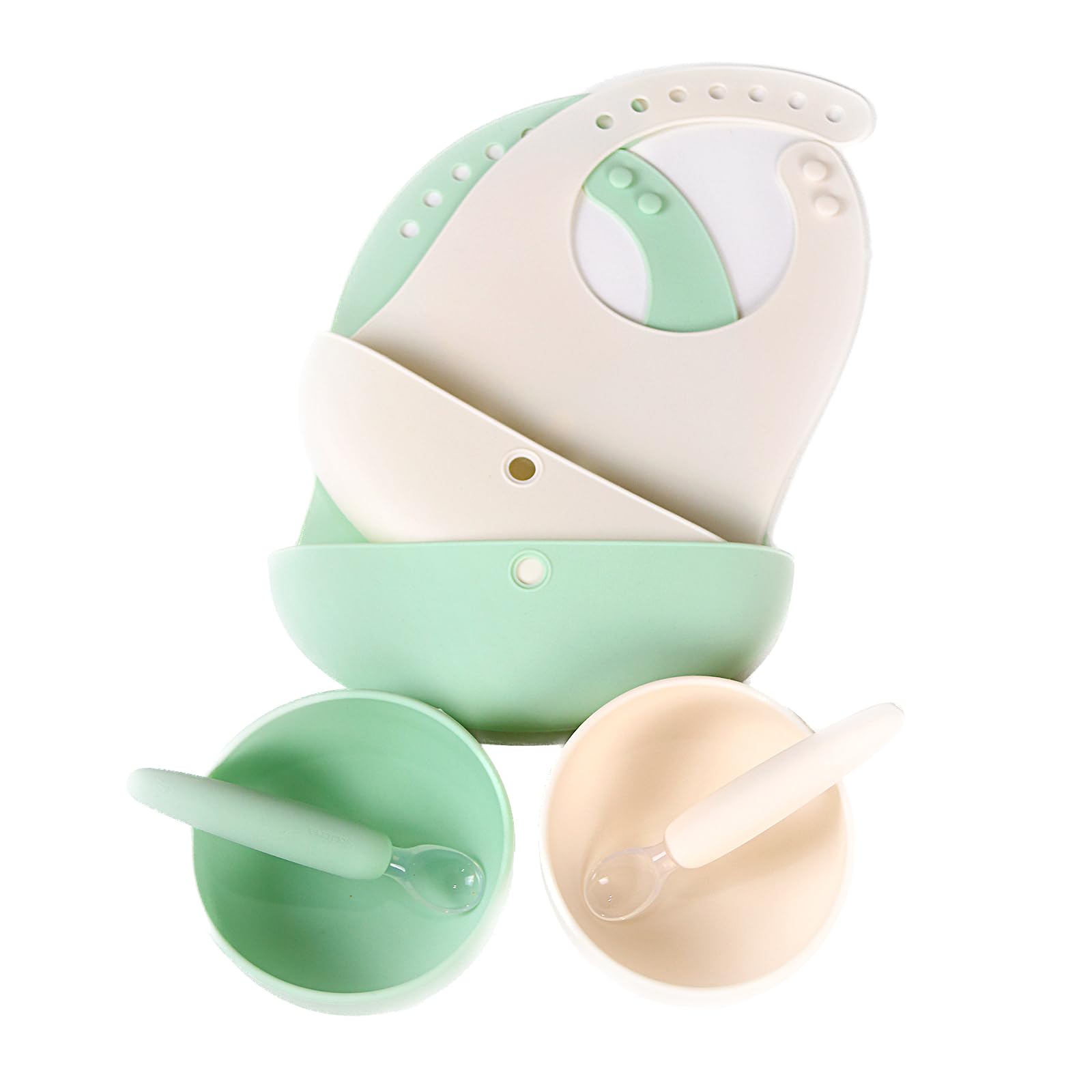 YOOFOREA 6 Piece Silicone Baby Feeding Set I Roll Up Bibs, Bowls, Spoons, for Babies Toddlers Boys Girls I 100% Food Grade Silicone I BPA BPS PVC Free, Dishwasher Safe, Easy to Clean (Tea & Cream)