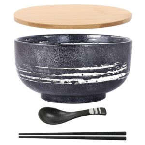 yeking japanese ramen bowls with lid spoon,ceramic ramen bowl hand drawn rice bowl retro tableware noodle bowl 6.5 inch,a-black-white