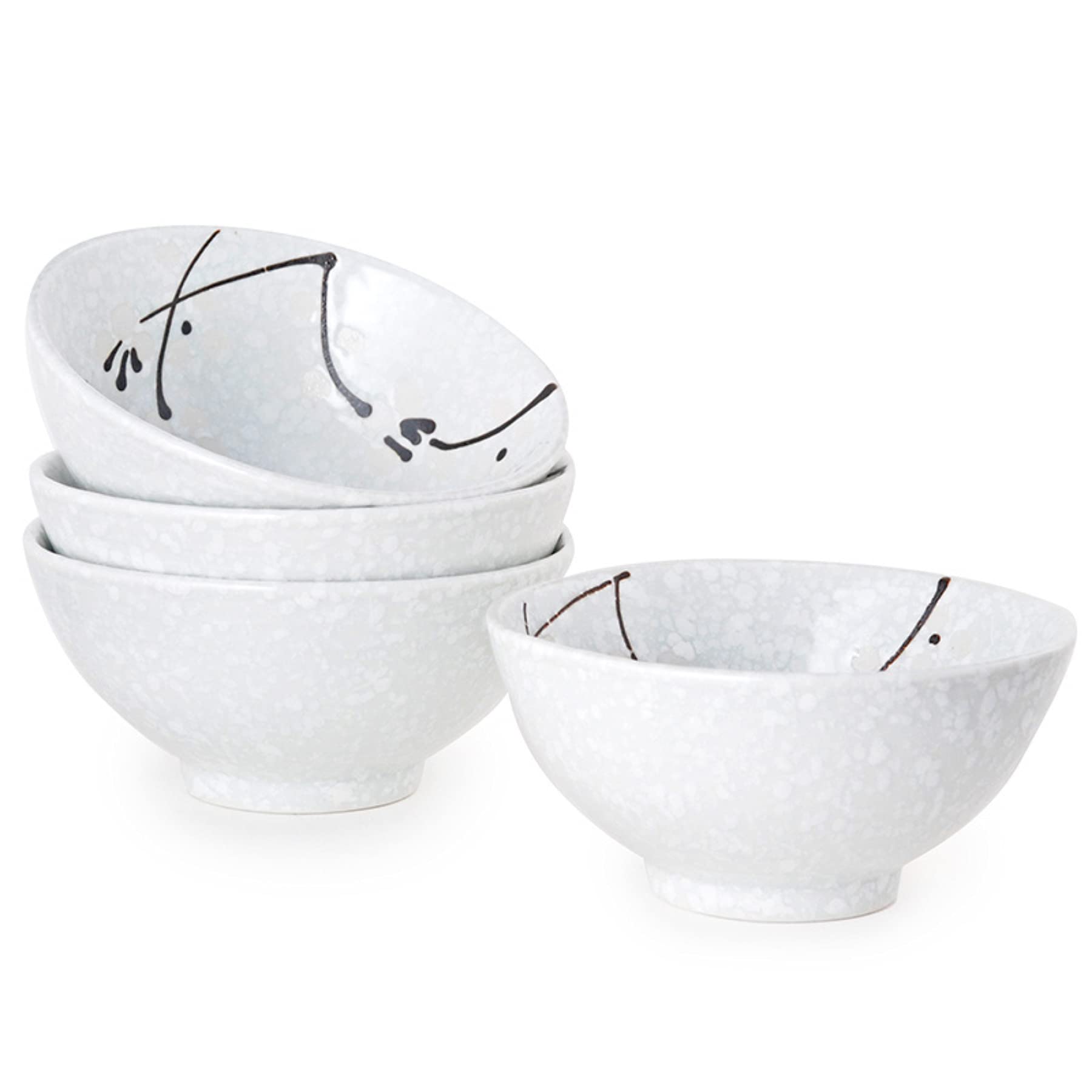 Needzo 4 Piece Small White and Black Ceramic Japanese Bowl Set for Soup, Rice, Salad, Ice Cream, Dessert Kitchen Soy Sauce Dishes, 4 1/2 Inch