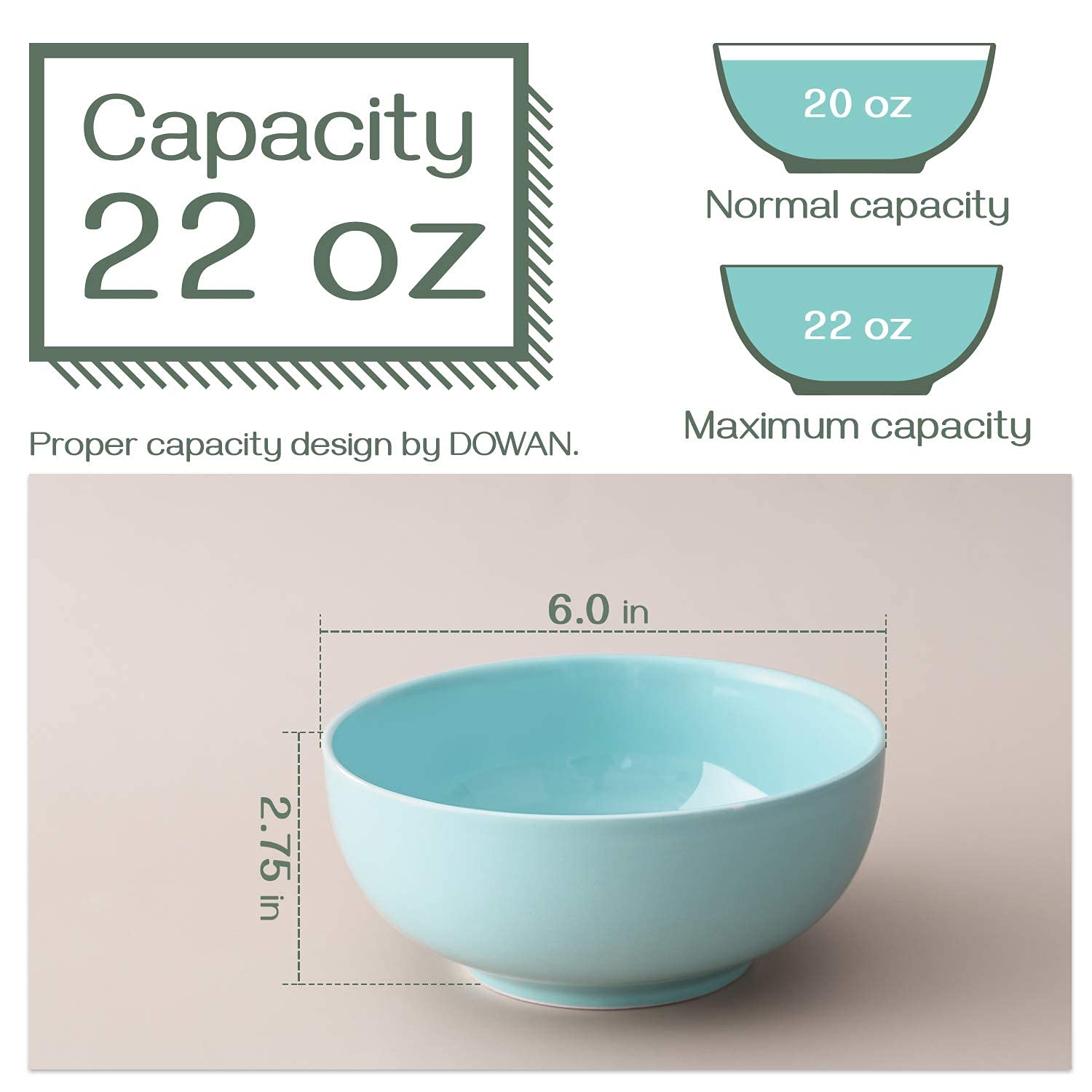 DOWAN 22 Ounces Porcelain Cereal Bowls, Soup Bowls, Bowl Set of 4,Sturdy and Stackable, Dishwasher Microwave Safe, White Bowls for Rice Pasta Salad Oatmeal, Turquoise & AIRY BLUE