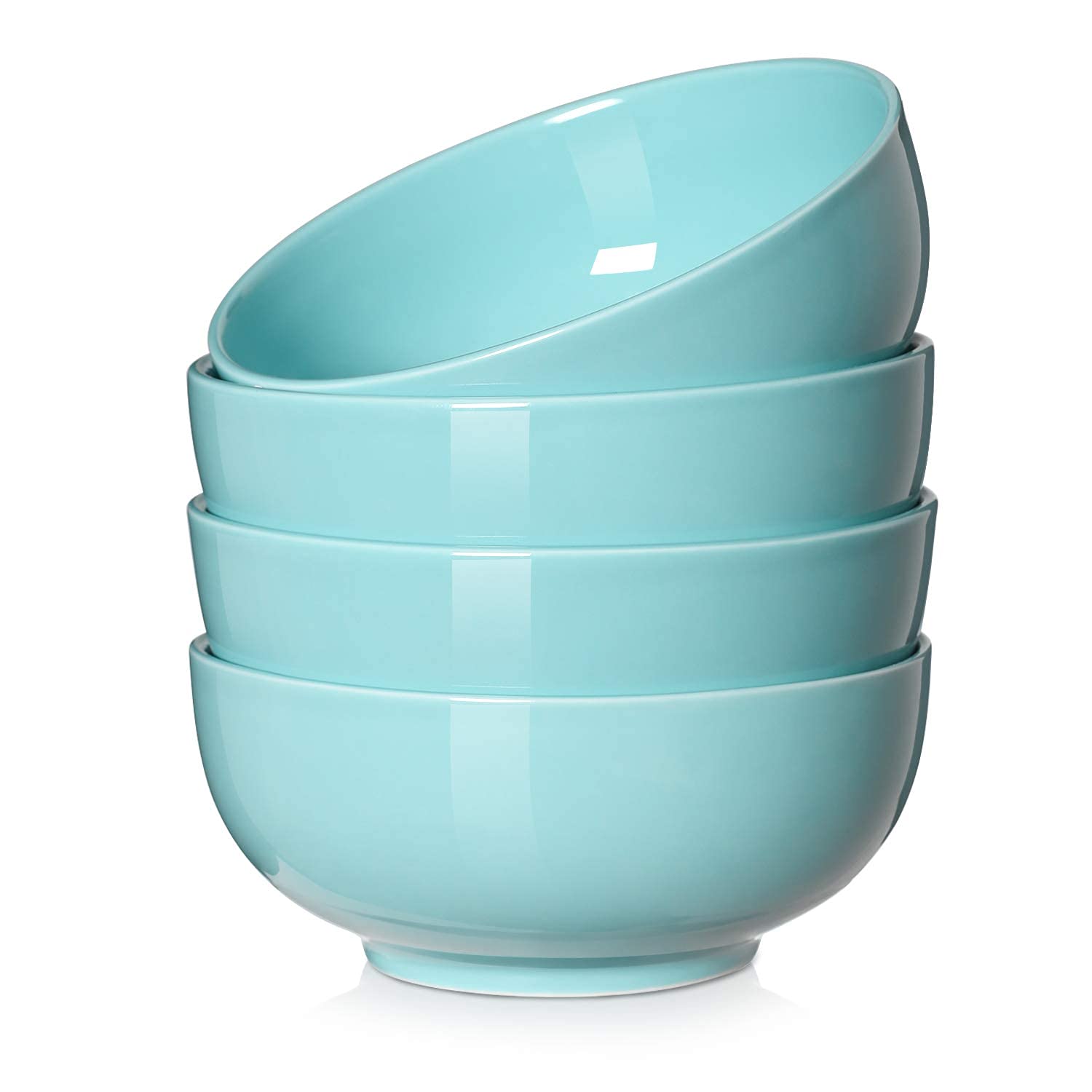 DOWAN 22 Ounces Porcelain Cereal Bowls, Soup Bowls, Bowl Set of 4,Sturdy and Stackable, Dishwasher Microwave Safe, White Bowls for Rice Pasta Salad Oatmeal, Turquoise & AIRY BLUE