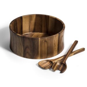 kalmar home 12-inch acacia wood curved extra large salad bowl with servers