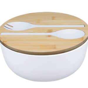 Bamboo Salad Bowl with Serving Spoons, Wooden Bamboo Lid and Cutting Board. Large 9.8 Inch Mixing, Fruit, Food, Dessert, Storage Bowl Set. Lightweight, Dishwasher Safe. White