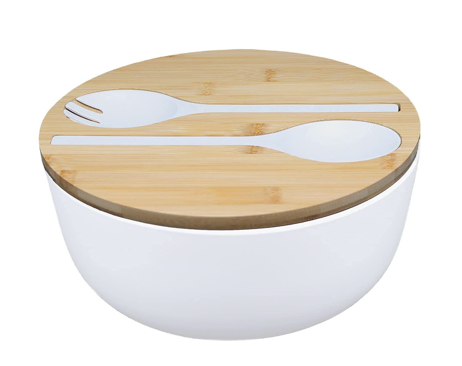 Bamboo Salad Bowl with Serving Spoons, Wooden Bamboo Lid and Cutting Board. Large 9.8 Inch Mixing, Fruit, Food, Dessert, Storage Bowl Set. Lightweight, Dishwasher Safe. White