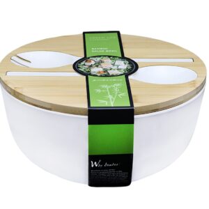 Bamboo Salad Bowl with Serving Spoons, Wooden Bamboo Lid and Cutting Board. Large 9.8 Inch Mixing, Fruit, Food, Dessert, Storage Bowl Set. Lightweight, Dishwasher Safe. White