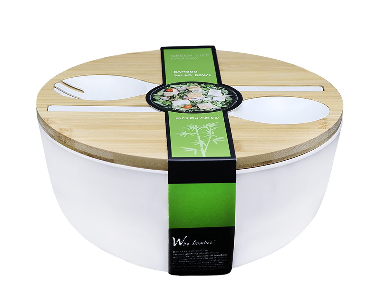 Bamboo Salad Bowl with Serving Spoons, Wooden Bamboo Lid and Cutting Board. Large 9.8 Inch Mixing, Fruit, Food, Dessert, Storage Bowl Set. Lightweight, Dishwasher Safe. White