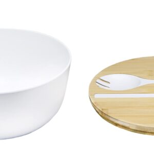 Bamboo Salad Bowl with Serving Spoons, Wooden Bamboo Lid and Cutting Board. Large 9.8 Inch Mixing, Fruit, Food, Dessert, Storage Bowl Set. Lightweight, Dishwasher Safe. White