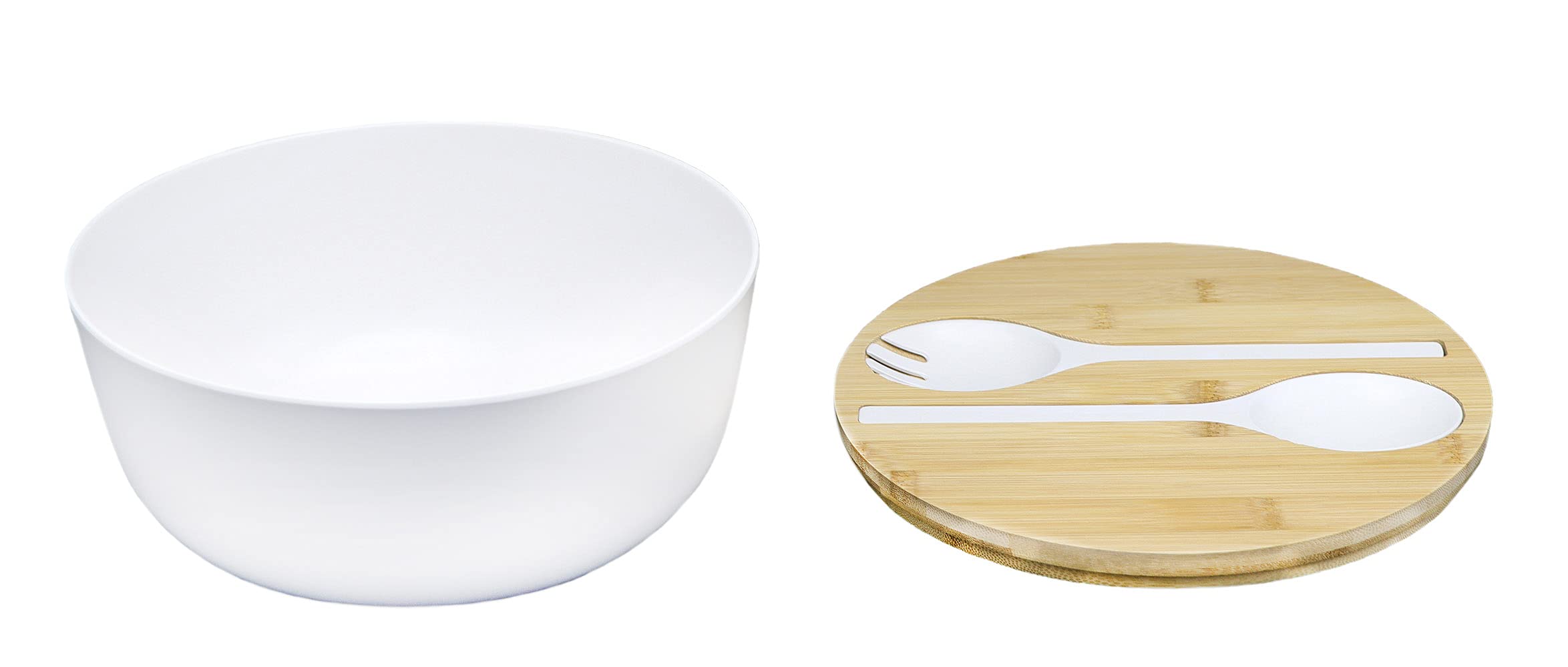 Bamboo Salad Bowl with Serving Spoons, Wooden Bamboo Lid and Cutting Board. Large 9.8 Inch Mixing, Fruit, Food, Dessert, Storage Bowl Set. Lightweight, Dishwasher Safe. White