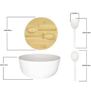 Bamboo Salad Bowl with Serving Spoons, Wooden Bamboo Lid and Cutting Board. Large 9.8 Inch Mixing, Fruit, Food, Dessert, Storage Bowl Set. Lightweight, Dishwasher Safe. White