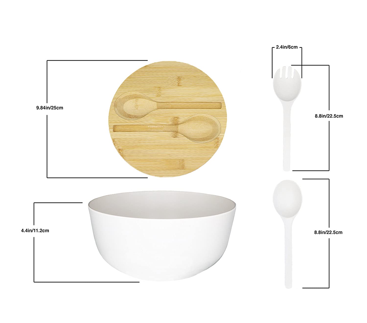 Bamboo Salad Bowl with Serving Spoons, Wooden Bamboo Lid and Cutting Board. Large 9.8 Inch Mixing, Fruit, Food, Dessert, Storage Bowl Set. Lightweight, Dishwasher Safe. White