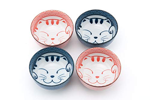 Fuji Merchandise Japanese Porcelain Multi Purpose Bowl Set of 4 Maneki Neko Lucky Cat Meow Gift Set Made In Japan