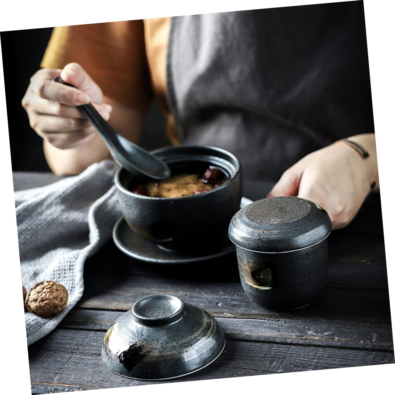 Anneome 2pcs Stew Home Egg Bowl Dessert Steam Noodle Ceramic Nest Stainless Cuisine Japanese Household Restaurant Custard Onion Tableware Lid Soup with Ml Pudding Steaming Cup Rice French