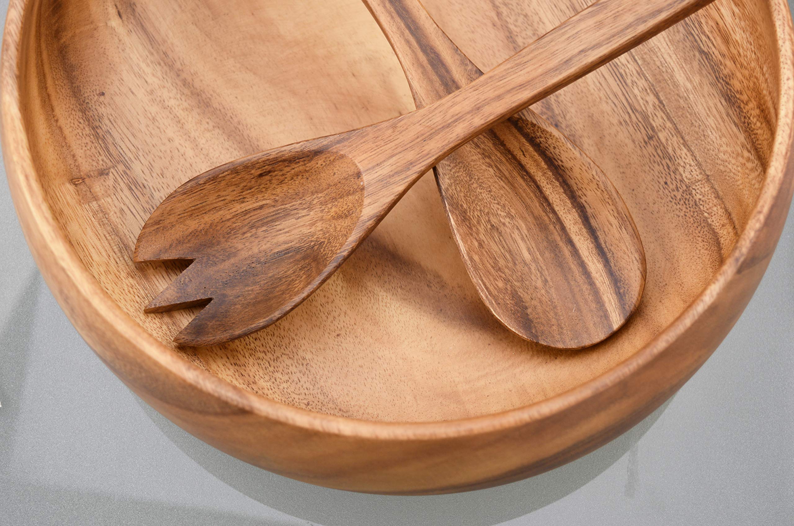 PACIFIC MERCHANTS Acacia Wood 7-Piece Round 12" x 4" Large Salad Bowl Set with Four 6" x 3" Salad Bowls and Servers