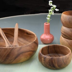 PACIFIC MERCHANTS Acacia Wood 7-Piece Round 12" x 4" Large Salad Bowl Set with Four 6" x 3" Salad Bowls and Servers