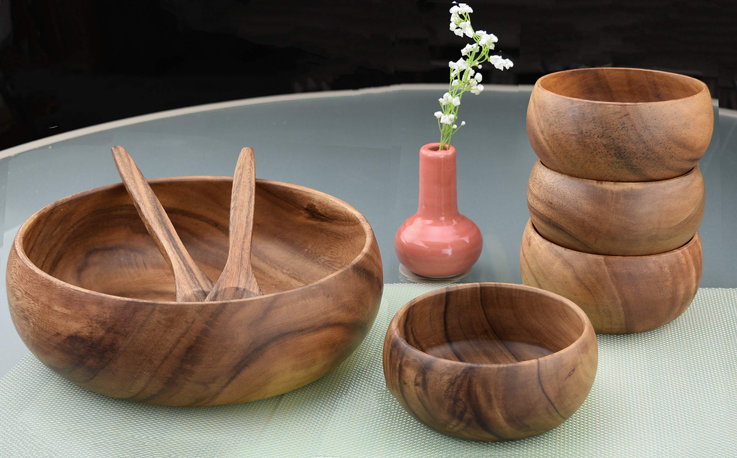 PACIFIC MERCHANTS Acacia Wood 7-Piece Round 12" x 4" Large Salad Bowl Set with Four 6" x 3" Salad Bowls and Servers