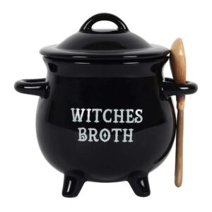 ebros ceramic wicca hocus pocus witch black cauldron magical witches broth dipping or condiment bowl or as large mug 18oz with broom spoon serveware set halloween party hosting accent