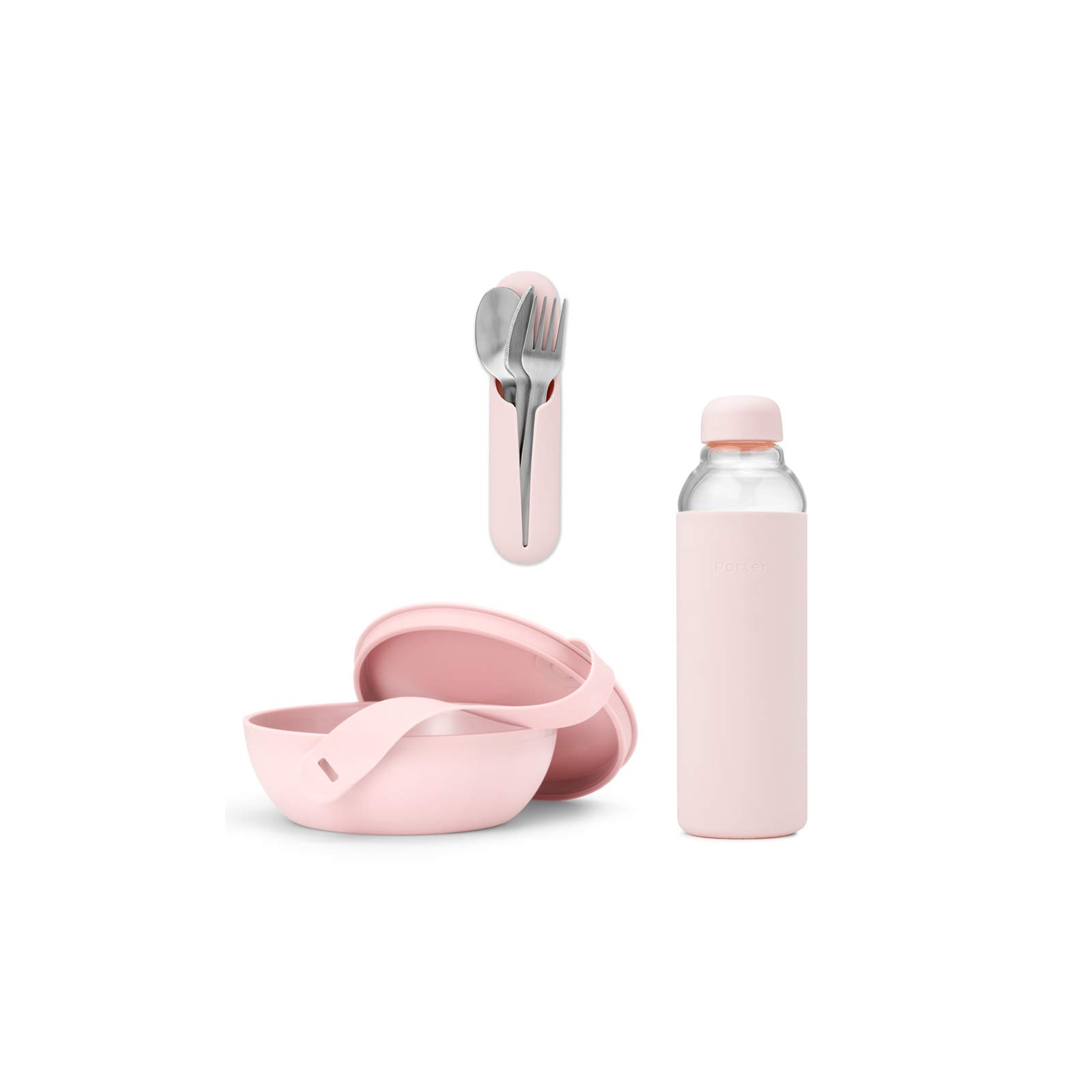 W&P Porter Silicone Sleeve Bundle Collection - Water Bottle, Plastic Bowl, and Utensil Set - BPA-Free Plastic, Dishwasher Safe, Portable, Travel Set (Blush)