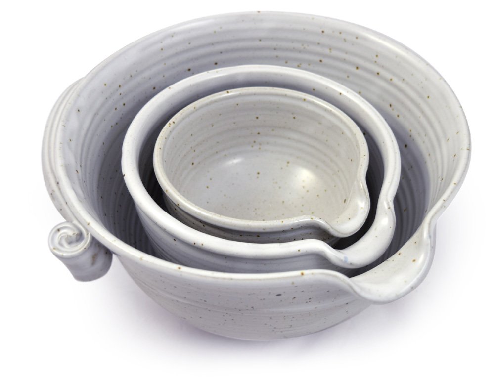 Modern Artisans American Made Stoneware Pottery Batter Bowls, 3-Piece Nesting Set, Classic All-White Glaze