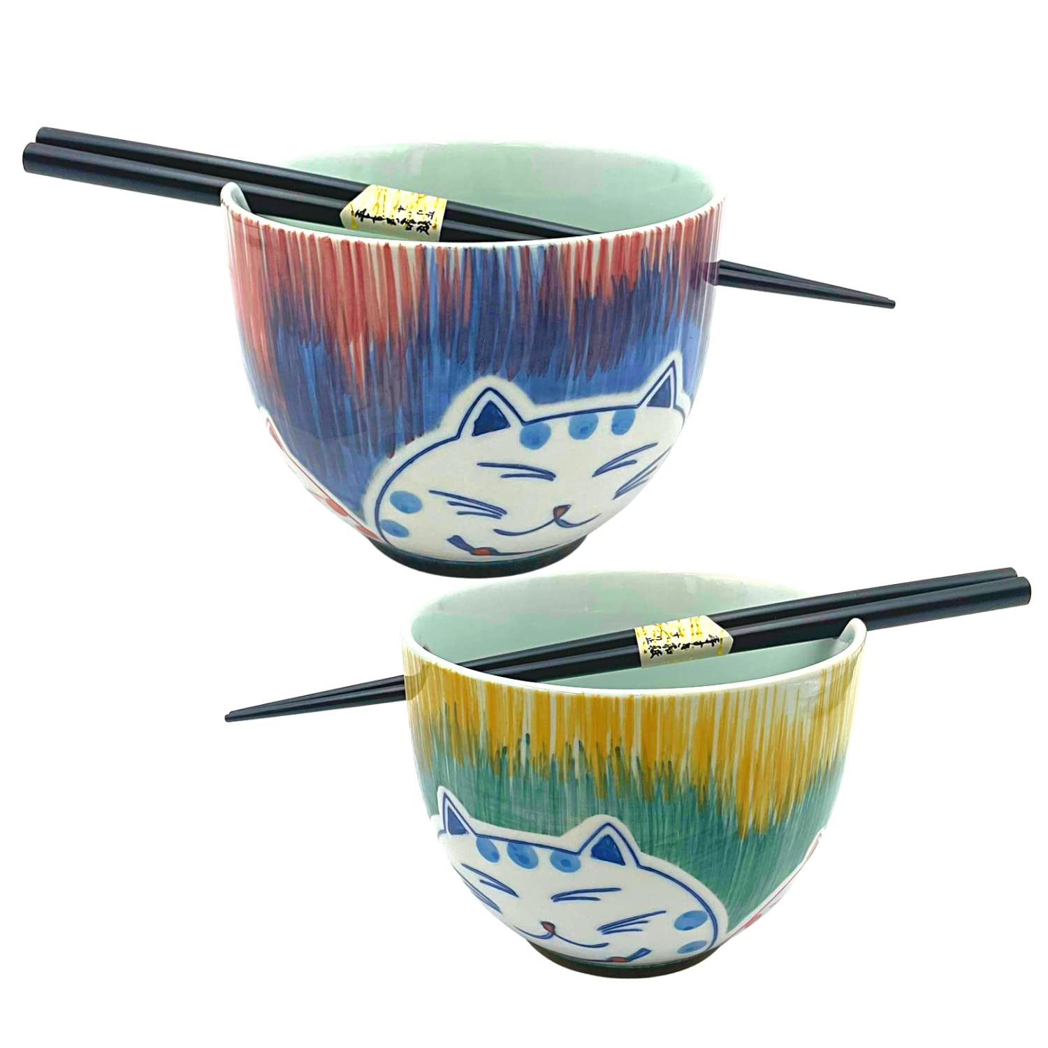 Donburi Bowl and Chopstick Set with Cat Design, Ceramic Bowls for Ramen, Noodles, and Rice, Made in Japan, Set of 4, 5 Inches