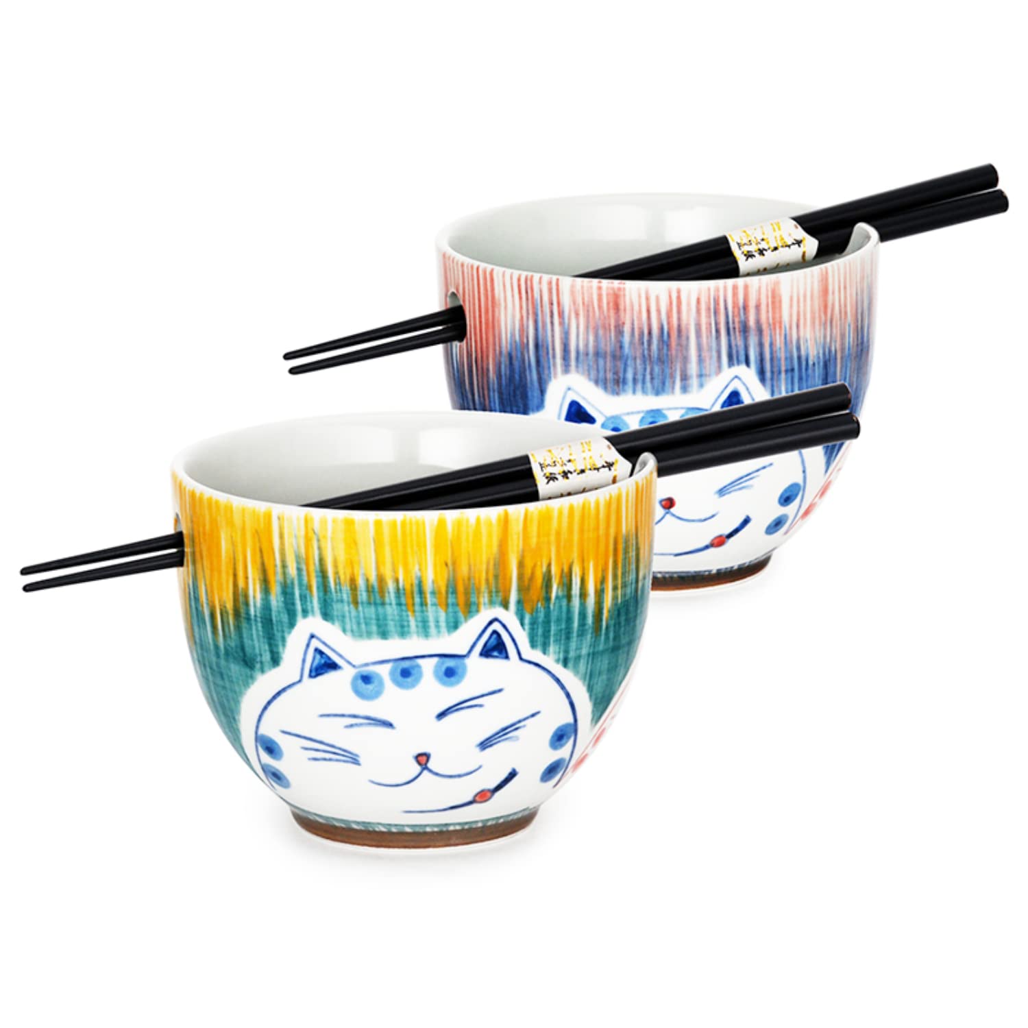 Donburi Bowl and Chopstick Set with Cat Design, Ceramic Bowls for Ramen, Noodles, and Rice, Made in Japan, Set of 4, 5 Inches