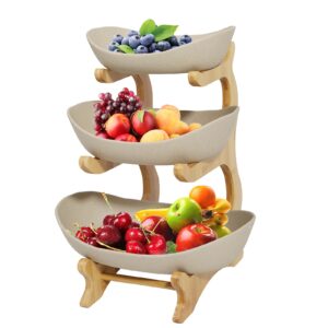 OCASAMI 3 Tier Fruit Bowl for Kitchen Counter, Brown Ceramic Fruit Basket for Kitchen, Oval Fruit Bowl Set with Bamboo Wood Holder, Serving Bowls Fruit Tray Snacks Nuts Bread Candy Storage