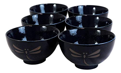 Ebros Pack Of 6 Made in Japan Midnight Blue Tombo Dragonfly Rice Soup Cereal Salad Dessert Stoneware Porcelain Bowls 4.5"D Home Decor Japanese Zen Fusion Accent Bowl Set Serveware Dinnerware