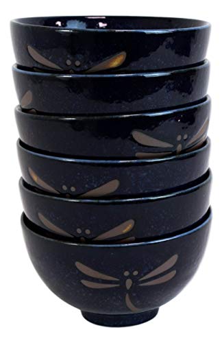 Ebros Pack Of 6 Made in Japan Midnight Blue Tombo Dragonfly Rice Soup Cereal Salad Dessert Stoneware Porcelain Bowls 4.5"D Home Decor Japanese Zen Fusion Accent Bowl Set Serveware Dinnerware