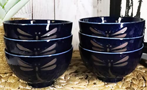 Ebros Pack Of 6 Made in Japan Midnight Blue Tombo Dragonfly Rice Soup Cereal Salad Dessert Stoneware Porcelain Bowls 4.5"D Home Decor Japanese Zen Fusion Accent Bowl Set Serveware Dinnerware