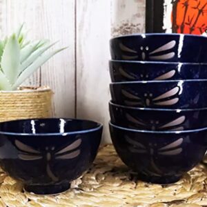 Ebros Pack Of 6 Made in Japan Midnight Blue Tombo Dragonfly Rice Soup Cereal Salad Dessert Stoneware Porcelain Bowls 4.5"D Home Decor Japanese Zen Fusion Accent Bowl Set Serveware Dinnerware