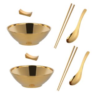 buyer star ramen bowl set of 8, 8 inch noodle bowl japanese style soup bowls set with chopsticks, ladle spoons set and large bowl for noodles (gold)