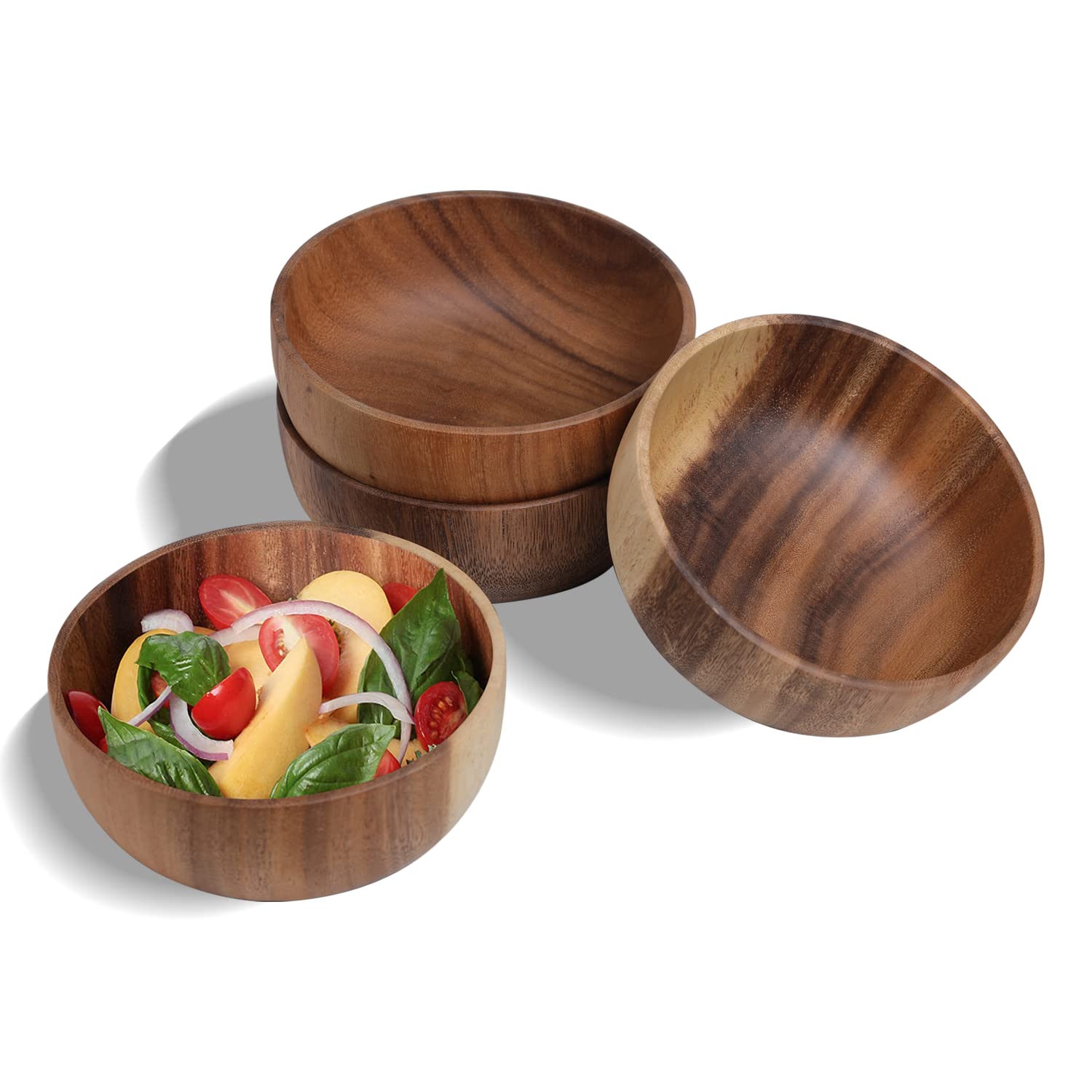 Bufanli Acacia Wood Salad Bowls 6.3 Inches Set of 4 Individual Large Wood Bowl for Cereal Fruits Salads and Decoration