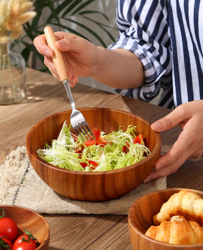 Bufanli Acacia Wood Salad Bowls 6.3 Inches Set of 4 Individual Large Wood Bowl for Cereal Fruits Salads and Decoration