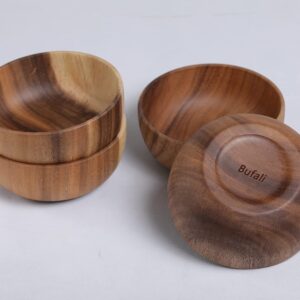 Bufanli Acacia Wood Salad Bowls 6.3 Inches Set of 4 Individual Large Wood Bowl for Cereal Fruits Salads and Decoration