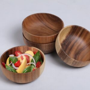 Bufanli Acacia Wood Salad Bowls 6.3 Inches Set of 4 Individual Large Wood Bowl for Cereal Fruits Salads and Decoration