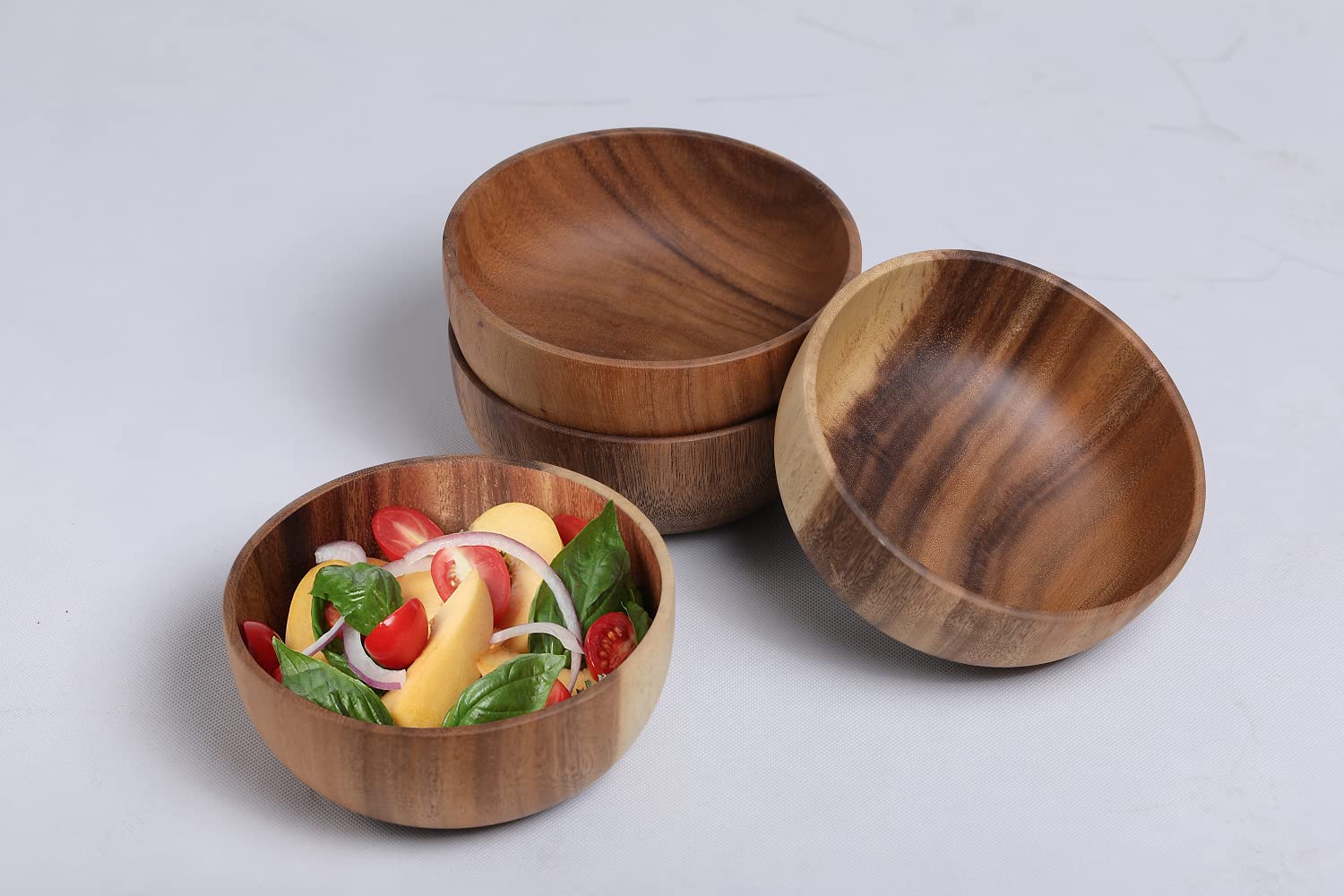 Bufanli Acacia Wood Salad Bowls 6.3 Inches Set of 4 Individual Large Wood Bowl for Cereal Fruits Salads and Decoration