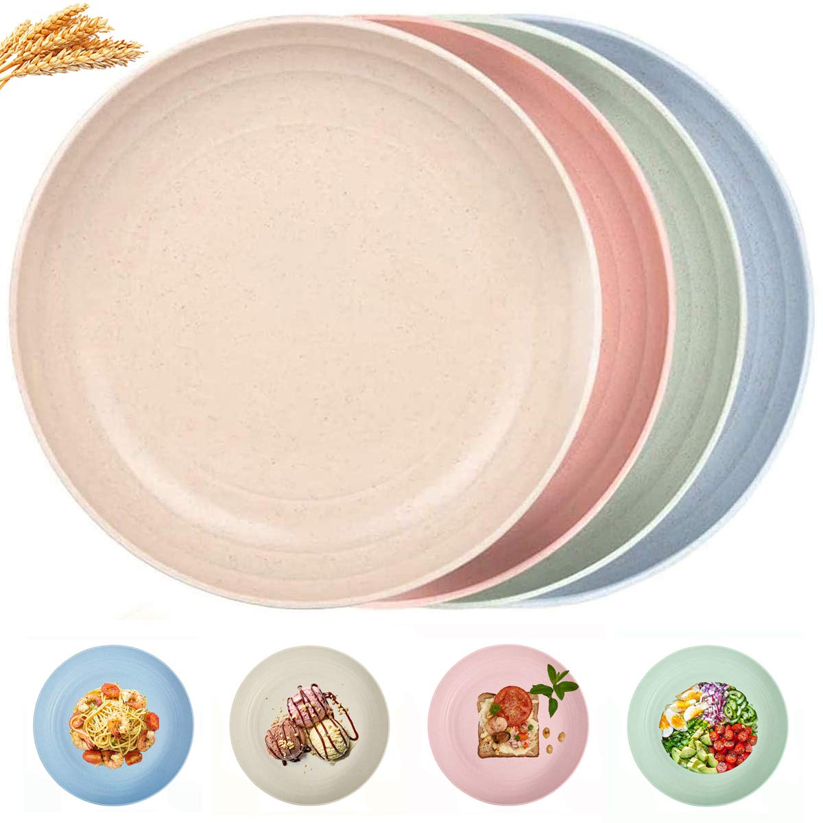 Dinner Plates 8.9 Inch, Dessert, Salad, Fruit, Snack Plate Set, Plastic Dinnerware Set, Plastic Plates, Microwavable Dinner Plates Sets for 4, Cereal Wheat Straw Microwave Safe Dinnerware, Dishes Set