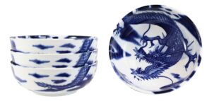 ebros made in japan vintage design asian oriental dragons blue and white large 42 fl oz porcelain bowls set of 4 feng shui dragon king kitchen dining for udon ramen wonton soup