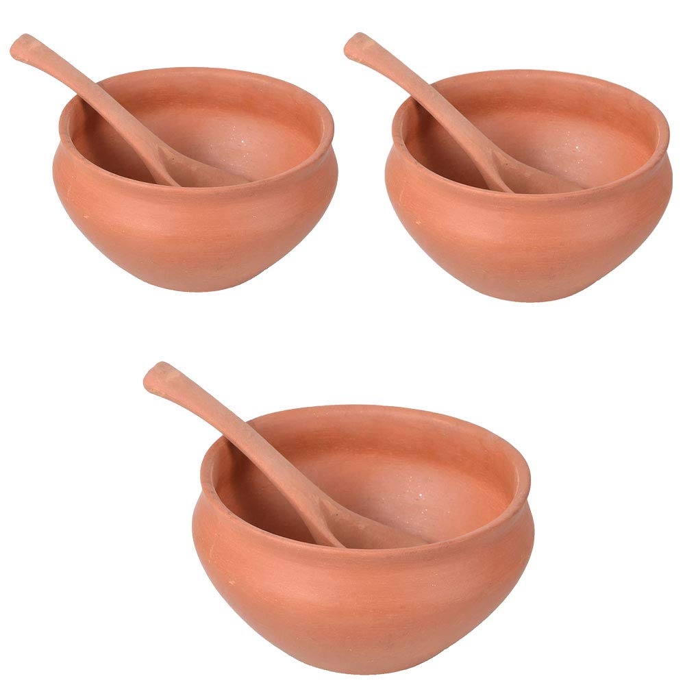 Reusable Clay Bowl Set Handcrafted Terracotta Pottery Clay Soup Bowls 3pc Set (Large, Brown)