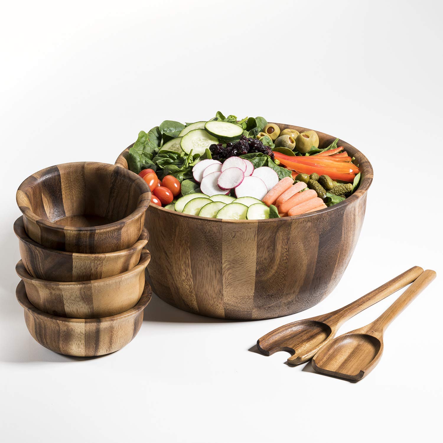 Kalmar Home 13-Inch Acacia Wood Extra Large Salad Bowl with 4 Bowls