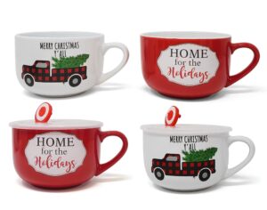 kovot 24oz ceramic christmas themed bowl set with lid & handle – use for ramen, soup, cereal, & as a coffee mug – take your food to go with airtight silicone lid and steam vent (4-pack – red & white)