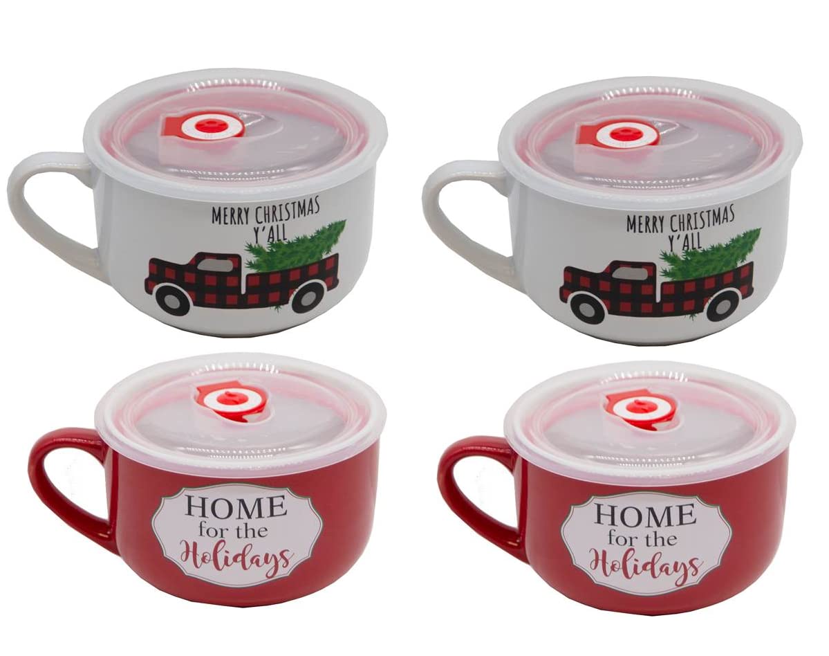 Kovot 24oz Ceramic Christmas Themed Bowl Set with Lid & Handle – Use for Ramen, Soup, Cereal, & as a Coffee Mug – Take Your Food To Go with Airtight Silicone Lid and Steam Vent (4-Pack – Red & White)